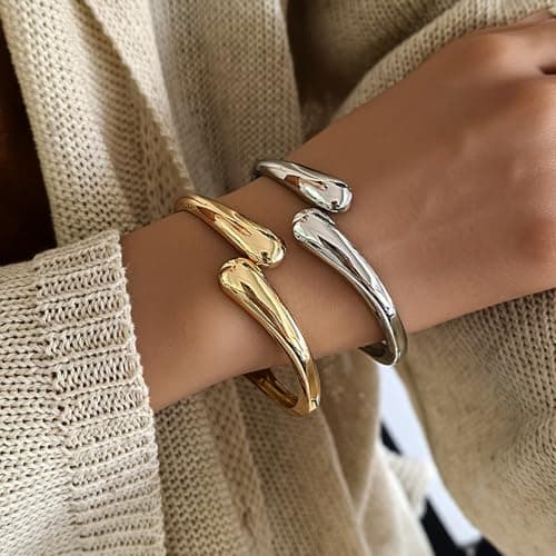 Gold Silver Bangles Bracelet for Women Trendy, 14K Gold Plated Dainty Thick Chunky Cuff Bracelet Stack - Thumbnail 3