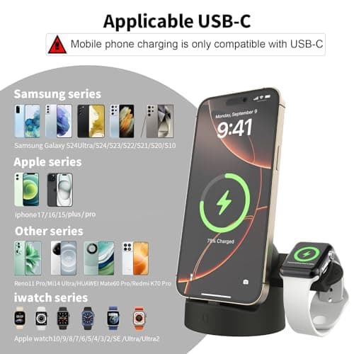 Charger Stand for Apple Watch and iPhone,USB-C Phone Charging Dock 15W Fast Charging,Support Nightstand Mode,for iPhone15/16/17/Samsung,for iwatch10/9/8/7/6/5/4/3/2/SE/Ultra/Ultra2 - Thumbnail 2