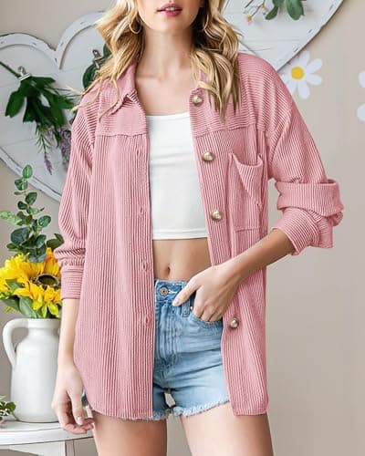 PRETTYGARDEN Women's Button Down Shirts 2026 Spring Long Sleeve Textured Tops Oversized Shacket Jacket Knit Blouses(Light Pink,Large) - Thumbnail 2