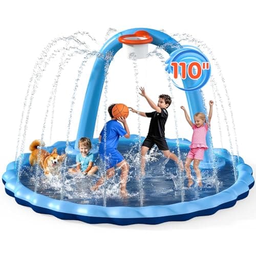 Instraella Splash Pad for Kids and Dog, 110" 2-in-1 Large Sprinkler Mat with Basketball Hoop and Arch for Kids Outdoor Play, Shoot Game for Backyard, Inflatable Water Toys More Fun for Boys and Girls - Image 1