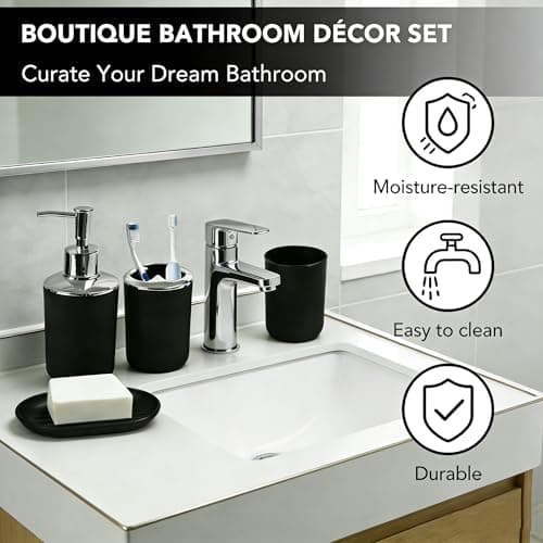 4 Piece Bathroom Accessories Set, Plastic Bathroom Toothbrush Holder Set- Bathroom Sets, Toothbrush Holder, Mouthwash Cup, Soap Dispenser, Soap Dish, Boho Modern Bath Decor Gift for Home, Black - Thumbnail 4