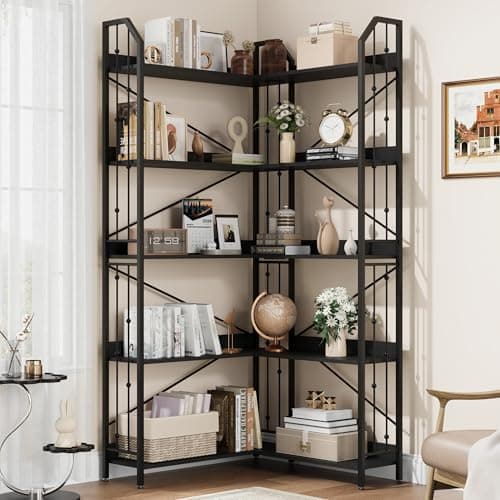 GarveeHome Corner Bookshelf 72" L Shaped Bookcase, Corner Bookshelves Industrial Bookcase 5 Tier L-Shape Bookshelf, Large Bookcases with Beaded Design Tall Display Rack Shelf for Living Room Bedroom - Image 1