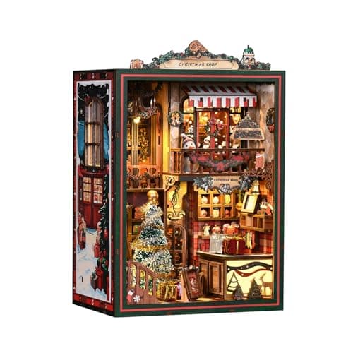 DIY Christmas Store Book Nook Kit, Miniature House with LED Light, 264pcs Wooden 3D Puzzles for Adults Teens, Bookshelf Decor Scale Model, Cultural Handmade Gift for Christmas & Book Lovers