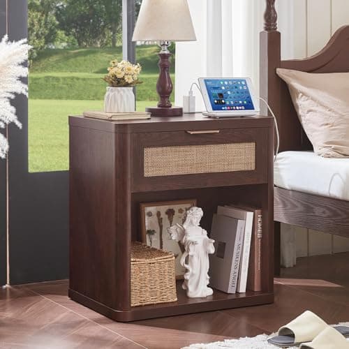 LEYAOYAO Rattan Nightstands Set of 2 with Charging Station, 23" Wide Boho Night Stand with Drawer, Walnut Bedside Table Open Cabinet, Bed Side End Table Dresser for Bedroom, Living Room, Hallway - Thumbnail 4
