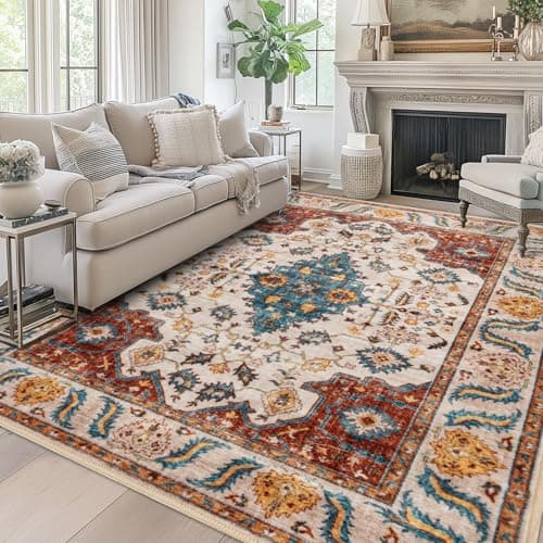 Area Rug 8x10 for Living Room Soft Machine Washable Low Pile Area Rugs Vintage Boho Bedroom,Dinner Room Non-Slip Carpet Rug - Brick Red - Image 1