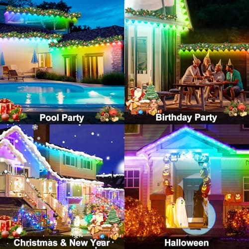 MUCCCUTE Permanent Outdoor Lights for Valentines100ft RGB + IC Eaves Lights with App & Remote Control, Outdoor String LED IP67 Waterproof for Holidays New Year July 4th Roof Eaves House Garden Decor - Thumbnail 5