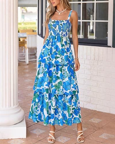 BTFBM Spring Dresses for Women 2026 Floral Spaghetti Strap Wedding Guest Dress Maxi Beach Vacation Clothes(Floral White Blue,Medium) - Thumbnail 3