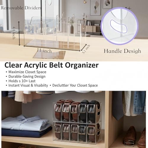 Hualinsyi Belt Organizer 2pack,Acrylic Belt storage Organizer for Closet with Removable Dividers - 5 Compartments & Handles Drawer organization and storage for underwear, Socks, and Ties (2) - Thumbnail 2