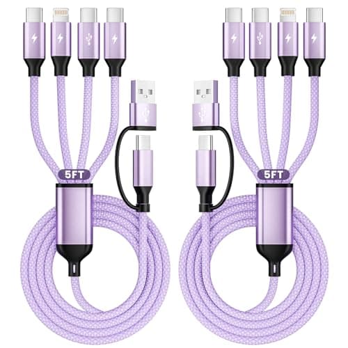4 in 2 USB A/USB C Cable with 3 Type-C+ 1IP Ports, Purple USB C Splitter Multi Charging Cables for Multiple Devices, Travel Car Charger Cord for iPhone17-12, Android Tablet Pad and More (2Packs, 5FT) - Image 1