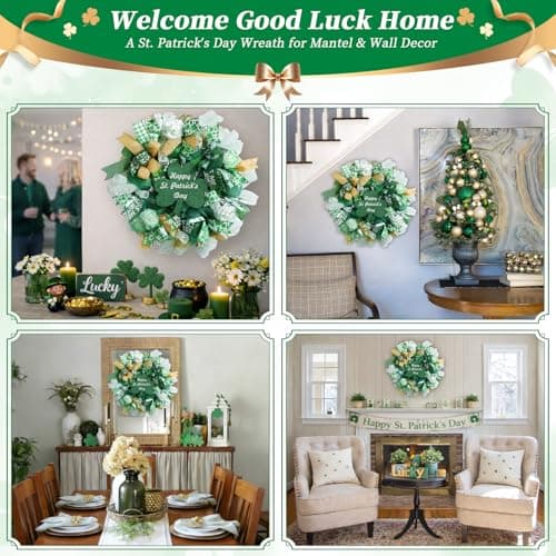 Presentastic 25 Inch Large St Patricks Day Decorations Wreath, Handmade Artificial Shamrock Wreath for Front Door with LED Lights, Kiss Me Im Irish for Wall Decor Window, Saint Paddys Day Decorations - Thumbnail 4