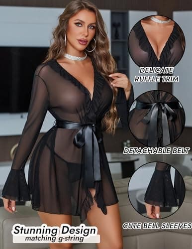 Avidlove Mesh Lingerie Robe Sets for Women Sexy Nightgown Long Sleeve Kimono Ruffle Nighty With Thong （ Black, M - Thumbnail 3