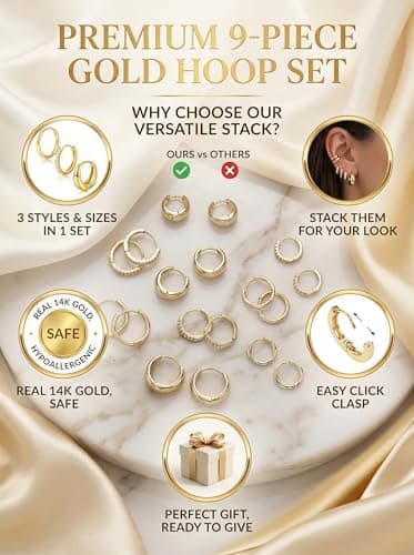 9 Pairs Gold Hoop Earrings Sets for Women, 14K Gold Plated Small Hoop Earring Sets for Multiple Piercing, Cute Small Tiny Lightweight Earrings for Sensitive Ears Everyday - Thumbnail 3