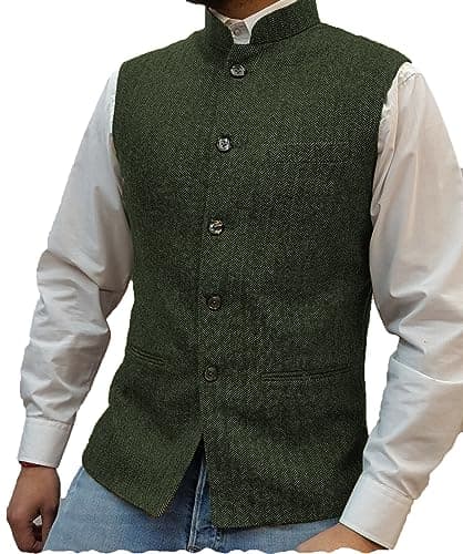 Tuikayoo Mens Herringbone Wool Vests Suit Business Tweed High Collar Waistcoats Slim Fit(XX-Large, Army Green) - Image 1