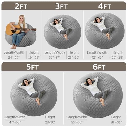 HABUTWAY 4FT Bean Bag Chair Teardrop Beanbag Chair with Memory Foam Filled Soft Plush Leaf alongside Checkboard Bean Bag Sofa with Removable Cover for Living Room,Bedroom-Plush Light Grey - Thumbnail 2