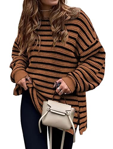 KIRUNDO Women's 2026 Fall Winter Oversized Long Sleeve Striped Sweater Casual Crewneck Side Split Pullover Knit Tops(Brown, X-Large) - Image 1