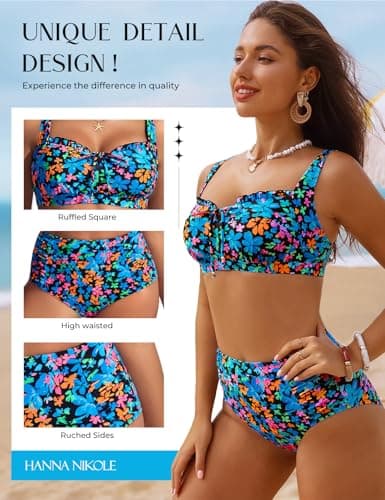 Hanna Nikole Swimming Suits for Women, Floral Print Boho Swimsuit High Waist, Full Coverage Bikini Set - Thumbnail 3