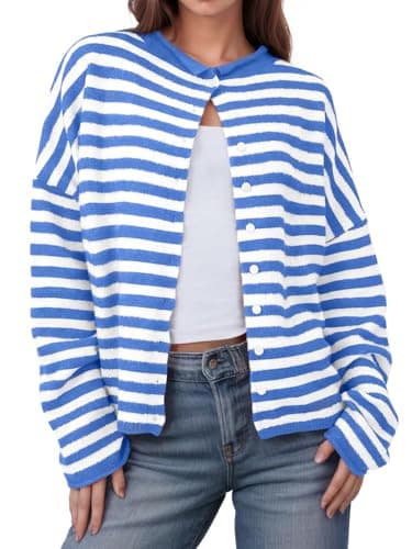 UNCLECAT Womens Striped Cardigan Sweater Casual Button Up Knit Tops Long Sleeve Sweaters Open Front Top Fall Coats Blue - Image 1