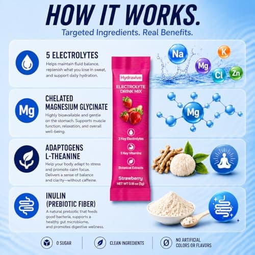 Hydravive Hydration Electrolyte Powder 18 Packs – Sugar Free Liquid Daily IV Drink Mix | 1,000mg Total of 5 Electrolytes, 5 Vitamins | Ashwagandha, L-Theanine | Non-GMO (Berry) (18, Strawberry) - Thumbnail 5