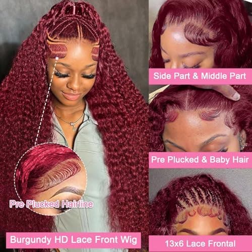 Yeeaak 28inch Burgundy Wig Human Hair 99j Burgundy 13x6 Deep Wave Hd Lace Front Wigs Human Hair 200% Density Wet And Wavy Glueless Wig For Women Wine Red Colored Curly Wig Pre Plucked With Baby Hair - Thumbnail 2