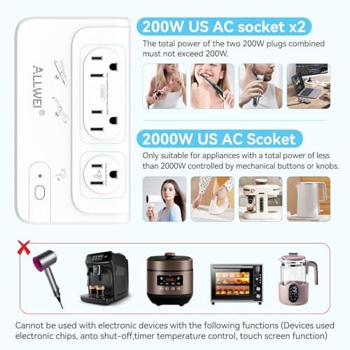 ALLWEI 2000W Travel Voltage Converter for Hair Dryer & 200W Convert 220V to 110V for Curling Iron, Straightener, Chargers, with 3 AC 1 USBC 3 USBA Ports, Travel Plug Adapter withType C, E/F, G, I, L - Thumbnail 3
