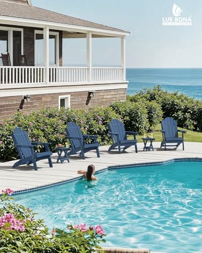 LUE BONA Folding Adirondack Chair, Chairs Set of 2, Cup Holder, Woodgrain, Fire Pit, Patio, Pool, Blue - Thumbnail 6