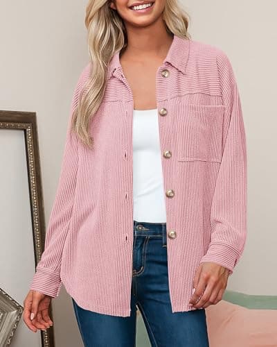 PRETTYGARDEN Women's Button Down Shirts 2026 Spring Long Sleeve Textured Tops Oversized Shacket Jacket Knit Blouses(Light Pink,Large) - Thumbnail 3