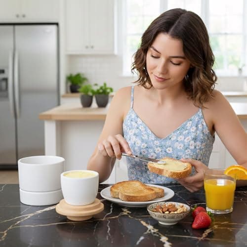 French Butter Dish with Lid for Countertop,Samseel Butter Crock with Water Line and Wooden Lid,Butter Keeper for Spreadable,Bright White - Thumbnail 6