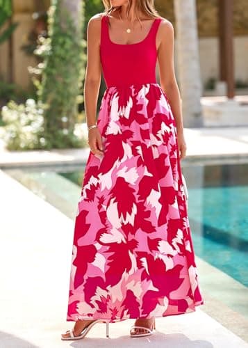 KIRUNDO Women Summer Sleeveless Boho Floral Maxi Dress 2026 Scoop Neck Tank A Line Flowy Beach Vacation Resort Wear Sundress(Red, Large) - Thumbnail 4