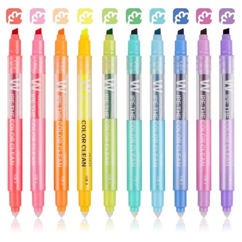 HANKU Erasable Highlighters Assorted Colors Pens, Dual Tip 10 Colors Erasable Markers, Smooth Writing Book Journaling Highlighters for Journaling Coloring Doodling Supplies - Image 1