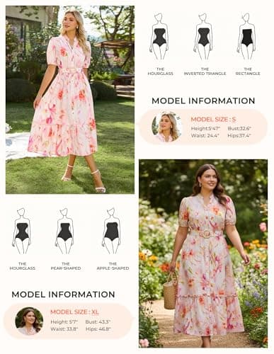 GRACE KARIN Womens Summer Floral Maxi Dress 2026 Casual Puff Short Sleeve Shirt Dress Boho Flowy Dresses with Pockets & Belt White Pink Floral XL - Thumbnail 4