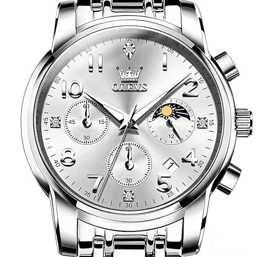OLEVS Silver Watch for Men Luxury Chronograph Stainless Steel Waterproof Mens Watches Classic Analog Men's Wrist Watches Date Moon Phase Big Face Easy Read Man Watch Relojes para Hombres