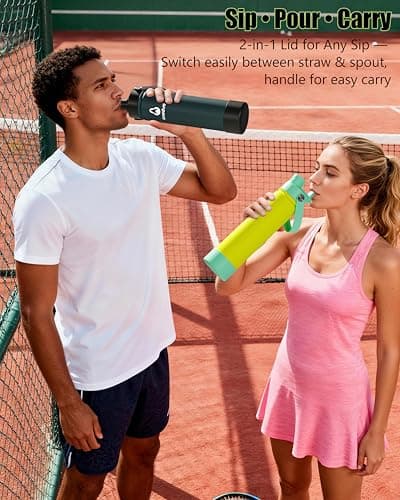 avodvo 24 oz Insulated Water Bottle with 2 Lids (2-in-1 Straw & Spout Lid, Magnetic Lid), Slim Water Bottle with Strap, Stainless Steel Water Bottle for Hiking, Gym, Travel, BPA-Free, Yellow - Thumbnail 2