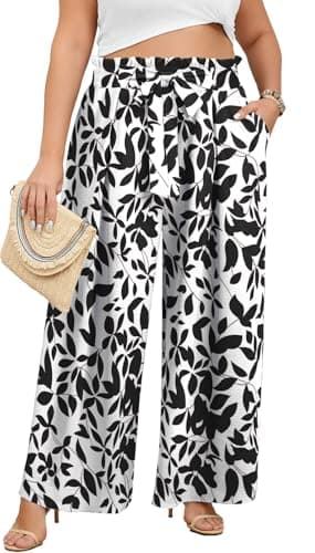 Lastshe Plus Size Pants for Women Wide Leg High Waisted Pants Casual Stretchy Summer Travel Boho Palazzo Printed Trousers, White Black Leaves, 2X - Image 1