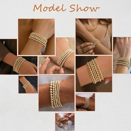 Valentines Day Gifts for Her Teen Wife Gold Beaded Bracelets for Women, 5 Pcs Dainty 14K Gold Plated Chunky Stretch Bead Ball Bracelet Stack - Thumbnail 6
