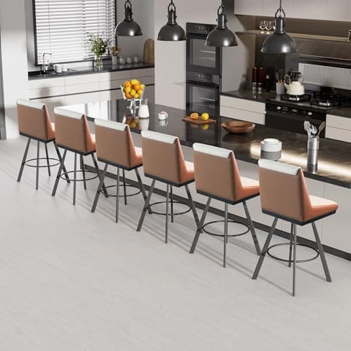 Ollega Bar Stools Set of 6, 26" Counter Height Bar Stools, Upholstered Swivel Barstools with Backs, Loop Yarn Fabric&Pu Leather, Metal Legs for Kitchen Island, Beige&Brown - Image 1