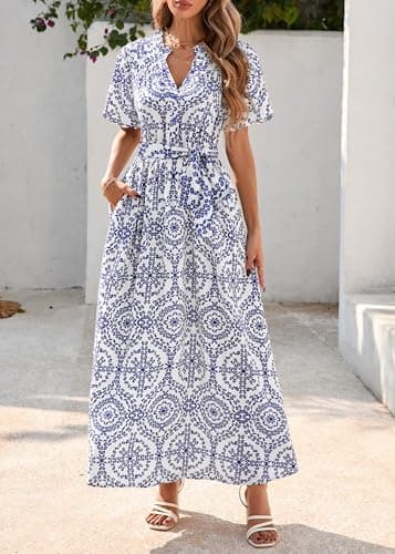 KIRUNDO Women Spring Summer Wedding Guest Boho Floral Maxi Dress Puff Sleeve Button Shirt V Neck Flowy Beach Vacation Dress(Blue, Medium) - Thumbnail 4