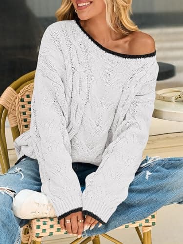 Saodimallsu Womens Oversized Sweater Casual Cable Knit Color Block Crewneck Pullover 2025 Fall Winter Chunky Trendy Sweaters White - Thumbnail 4
