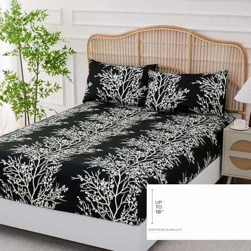 Spirit Linen home King Size Sheets Set - Pure Microfiber 4 Piece Polyester Bed Sheets, Fitted Sheet & Pillow Cases - King Sheets for All Seasons (Foliage Black/White, King) - Thumbnail 2