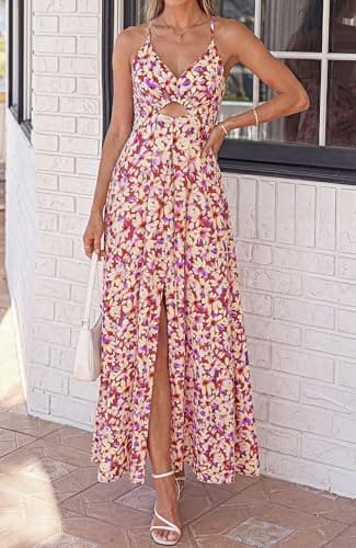 BTFBM Summer Dresses for Women 2026 Spring Floral Spaghetti Strap Smocked Cutout Maxi Dress Resort Beach Vacation Outfit(Floral Light Brown, Large) - Thumbnail 2