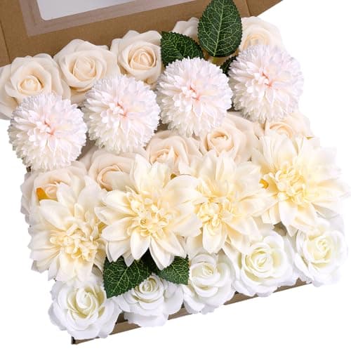 BSMYBO White Flower Artificial Roses Faux Flowers with Stems Mix Fake Roses Dahlia Chrysanthemum Ball for Wedding Bridal Bouquets, Table Centerpieces, Baby Shower, Party, Home Decorations - Image 1