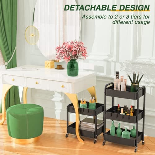 LEHOM 3 Tier Rolling Storage Cart, Metal Trolley Utility Cart with Wheels & Hooks, Easy Assembly Organizer Storage Cart for Bathroom Kitchen Office Bedroom - Thumbnail 5