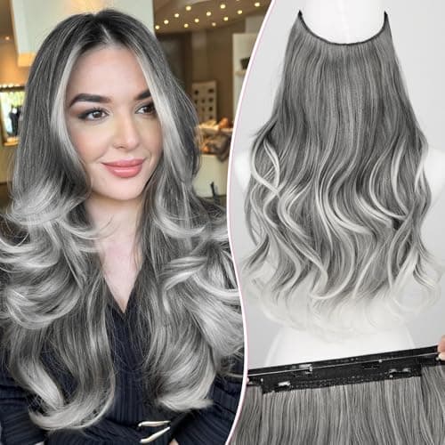 Invisible Wire Hair Extensions with Transparent Wire Adjustable Size 4 Secure Clips Long Wavy Secret Hairpiece 20 Inch for Women(OMber Grey) - Image 1