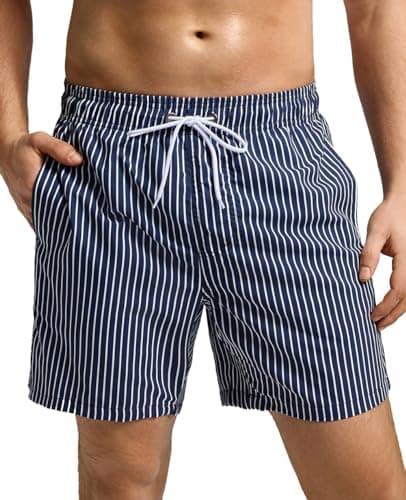 SILKWORLD Men's Swim Trunks with Mesh Lining Quick Dry Swimwear Bathing Suits, Navy Blue Stripes, Large - Image 1
