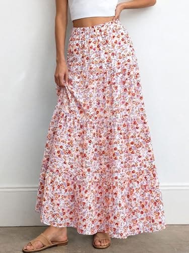 BTFBM Floral Maxi Skirts for Women Summer Spring 2026 Elastic Waist Tiered Flowy Beach Vacation Boho Midi Long Skirt(Floral White Orange, XX-Large) - Thumbnail 4