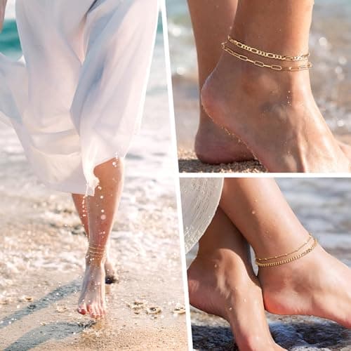 adoyi Gold Ankle Bracelets for Women, 14K Gold Plated Ankle Bracelets for Women Waterproof Gold Anklet Set Cuban Figaro Link Paperclip Chain Beach Anklets Adjustable Gold Jewelry Set Gift 8.5 Inch - Thumbnail 3
