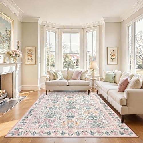 Pink Rugs for Bedroom Girls: Floral 6x9 Washable Area Rug for Nursery Kids Room Living Room Boho Decor - Soft Non-Slip Non-Shedding Carpet - Thumbnail 2