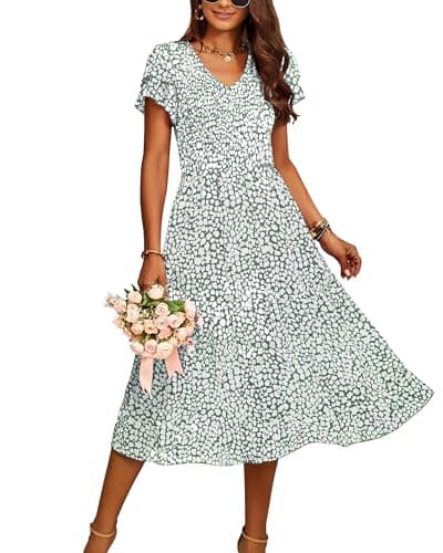 BTFBM Women Casual Summer Short Ruffles Tiered Sleeve Smocked Midi Dresses Bohemian Floral V Neck Wedding Guest Long Dresses - Image 1