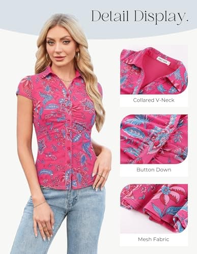 GRACE KARIN Women Mesh Boho Top Dressy Casual Short Sleeve Button Down Collared Shirt 2026 Floral Blouse Rose Red Large - Thumbnail 4