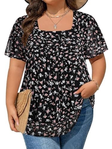 Amrto Plus Size Tops for Curvy Women, Womens Plus Size Tops Chiffon Square Neck Short Sleeve Flowy Casual Shirt Curvy Loose Fit Tunic Blouses Dressy Fashion 2025 Summer Blouses, Floral Black, XXXL - Image 1