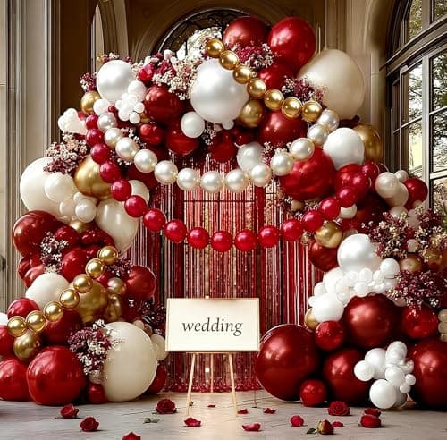 Red White Gold Balloon Arch Double Stuffed Burgundy Pearl White Sand Gold Balloon Garland Kit Red Linking Balloons Fringe Curtain for Bridal Shower Wedding Birthday Mother's Day Engagement Party Decor - Image 1